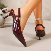 Women's High Heel Patent Leather Wine Red Pointed Toe Pumps, Stiletto Heel Sexy Backless Solid Color Elegant Party Shoes, All Season - Burgundy - View 3