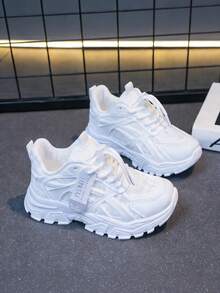 ‌Zapatillas deportivas infantiles para niñas y niños con diseño de detalles rosas y blancos, suela resistente, antideslizante y cómoda.‌ - Blanco - Ver 3