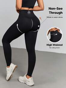 Leggings de cintura ancha de unicolor para mujer, se pueden usar como prenda exterior, negro, primavera - Negro - Ver 3