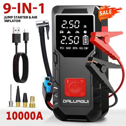 9-In-1 Multi-Functional Jump Starter With Air Compressor, 6000mAh Battery + 150PSI Peak Inflation, Digital Display Tire Inflator + Dual Fast Charging (Car/USB), LED Lighting, Compatible With 10L Gasoline/9.0L Engines, Portable EVA Carrying Case.