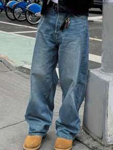 Boys Casual Pocket Elastic Waist Straight Loose Jeans, Everyday Wear - Medium Wash - View 1