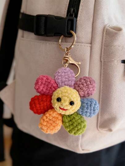 Handmade Crochet Rainbow Sunflower Keychain - Optimistic 5-Petal Flower Bag Charm With Metal Ring And Key Ring, Durable Yarn Product Fashion Accessory, Sunflower Gift Idea, Suitable For Ages 14 And Up
