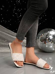 大码女士时尚套脚凉鞋，米色方头平底拖鞋，珍珠装饰，舒适休闲波西米亚风沙滩拖鞋，夏季必备 - 米色 - 查看 6