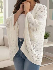 Women's Knitted Poncho Coat With Elegant Crochet Detail And Soft Warm Sleeves - 白色 - 查看 5