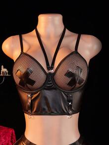 5pcs Set: Sexy PU Leather & Fishnet Patchwork A-Line Skirt With Garter Belts - Black - View 3