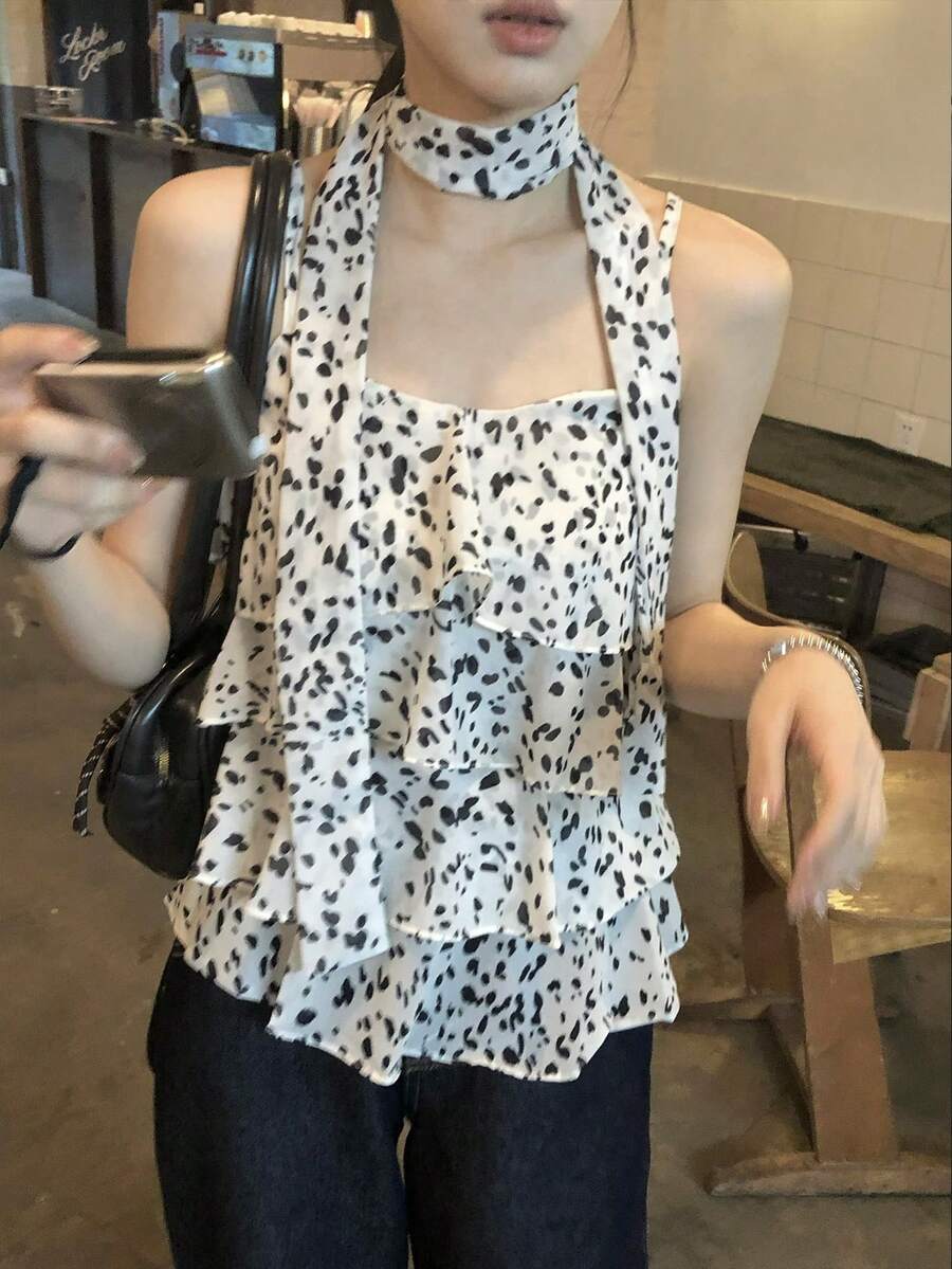 夏季豹纹荷叶边无袖露脐上衣，性感吊带宽松吊带衫，休闲白色 - 白色 - 查看 1