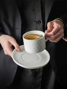 Conjunto de 1 xícara e pires com relevo em padrão de diamante branco simples, elegante louça francesa de alta qualidade para chá da tarde, xícaras e pires retrô em branco puro para leite e café, ideal para casa, restaurante, cafeteria, doceria e como presente. - Branco - Ver 8