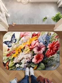 三件套花卉图案浴室地垫套装，速干吸水浴室地毯，防滑U型轮廓地毯和马桶盖套，适用于浴室浴缸马桶，理想的浴室配件 - 彩色 - 查看 15