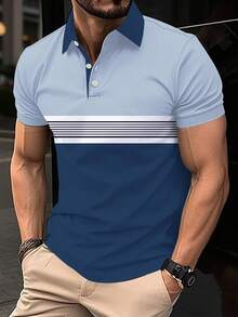 Latest Bestselling Men's Polo Shirt, Digital Print Striped Men's Sports Polo T-Shirt - Dusty Blue - View 1