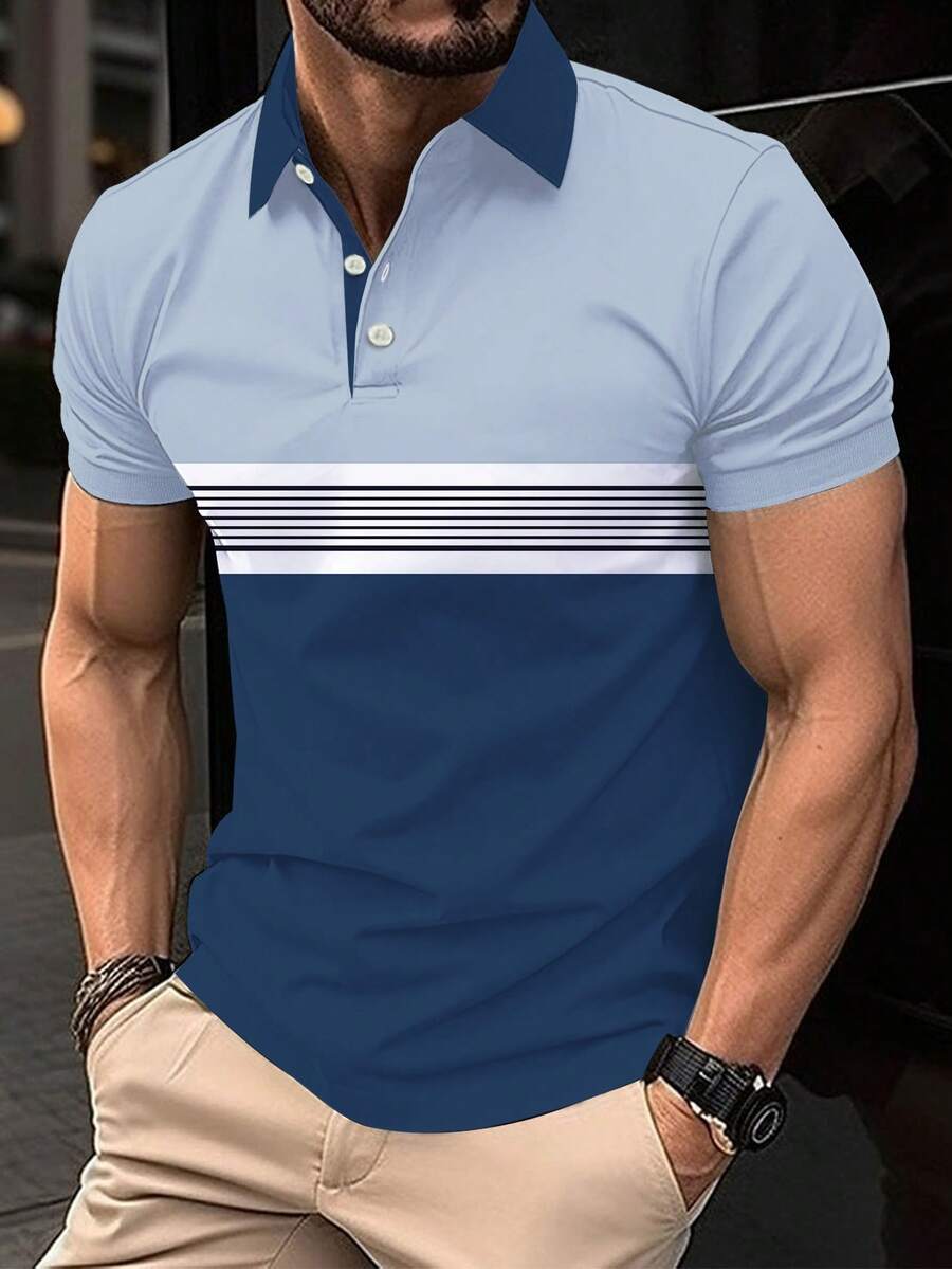 Latest Bestselling Men's Polo Shirt, Digital Print Striped Men's Sports Polo T-Shirt - Dusty Blue - View 1