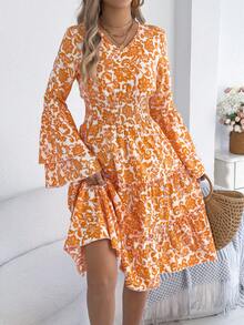 Spring/Autumn Shirred Frill Trim Bohemian Print Drawstring Waist Long Sleeve Beach Vacation Ruffle Hem Dress - Orange - View 4