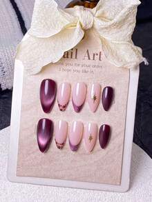 10 Pieces Handmade Almond-Shaped Purple Cat-Eye Leopard Print Press-On Nails, Featuring Handcrafted Purple Cat-Eye Leopard Print Patterns, Hand-Painted Purple Cat-Eye French Tips Embellished With Golden Starbursts. These Elegant, Romantic And Minimalist False Nails Are A Premium, Sexy And Lightweight-Luxury Manicure Option, Perfect For Daily Wear, Dates, Concerts And Light Business Occasions. An Excellent Gift For Women And Girls.