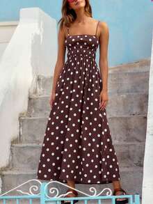 Womens Front Split Long Dress Sleeveless Spaghetti Strap Solid Color Dress Longline Cami Tops - Dark Brown - View 5