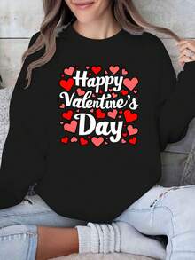 Plus Size Women's Happy Valentine's Day Sweatshirt - Comfortable Red Long Sleeve Pullover With Heart Print, Crew Neck, Casual Autumn/Winter Top, Cute Sweatshirt - New Autumn/Winter Collection: Unisex Relaxed Fit Long-Sleeve Crew Neck Sweatshirt - 黑色 - 查看 4