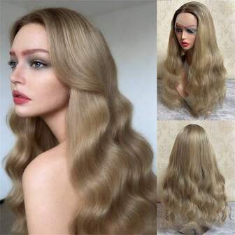 Peluca sintética con encaje frontal HD de color rubio ombre marrón, con línea del cabello previamente depilada sin pegamento, de 13x4 con raya libre, para uso diario, fiesta y cosplay para mujeres