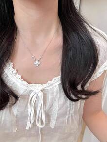 1pc Luxury Delicate Lucky Four-Leaf Clover White Mother-Of-Pearl Halo Super Shiny Cubic Zirconia Women Necklace - Essential For Daily Commute/Date Atmosphere/Valentine's Day Lucky Gift - Platinum - View 4