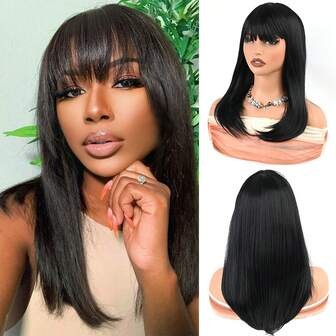 16" klippt rakt bobperuk med lugg - värmebeständigt syntetiskt hår, 180 % densitet rosa nätmössa, silkeslen rak svart peruk för kvinnor och män, affärs- och festbruk, vardagsbruk