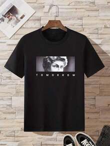 Hombres Camiseta con estampado de figura y letra - Negro - Ver 2