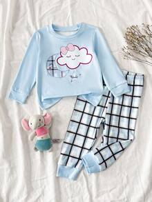 Sweet & Cute 2-Piece Baby Pajama Set, Blue Long Sleeve Round Neck Top With Cloud, Moon & Star Print + Plaid Pants - Blue - View 2