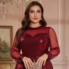 XUIBOL Plus Size Women's Elegant Long Formal Dress In Burgundy, With Sequin Embroidery Details And Regular Sleeves - Burgundy - View 9