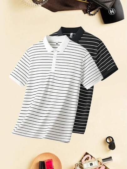 Men's Summer Outdoor Casual Polo Shirt, Unique Striped Design, Suitable For Outdoor Hiking, Camping, Office, Party And Other Occasions