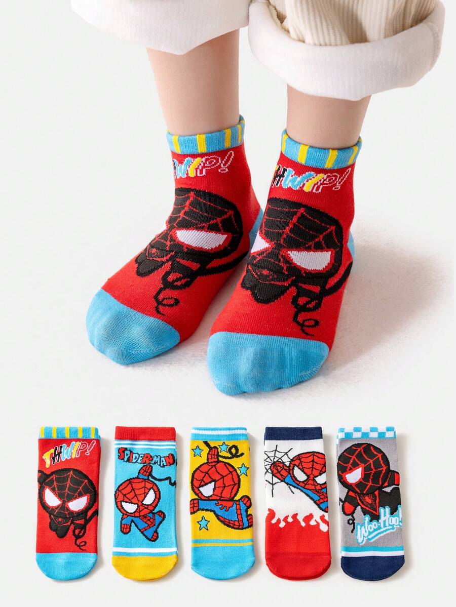 1/5 đôi tất ngắn mùa hè dành cho trẻ em/bé gái/bé trai với họa tiết Người Nhện Marvel, kiểu dáng thời trang, mềm mại và thoáng khí, phù hợp cho mặc hàng ngày, kỳ nghỉ, du lịch, đi học, màu sắc và kiểu dáng ngẫu nhiên. - Nhiều màu - Xem 1
