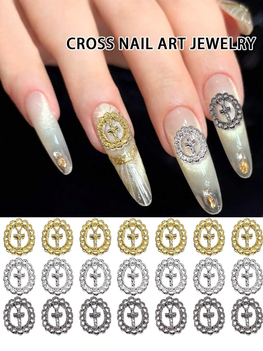 10款经典欧美奢华金属十字架美甲饰品，款式和颜色可自由搭配，哥特式金属极简美甲饰品，完美契合女孩和女士的美甲装饰，Y2K复古十字架美甲配件，美甲饰品和宝石美甲饰品，美甲用品 - 彩色 - 查看 1