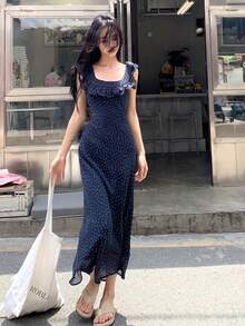 [Y6Y] Elegant Casual Polka Dot Chiffon A-Line Maxi Dress, Ruffle Short Sleeve, Square Neck Flared Hem Dress