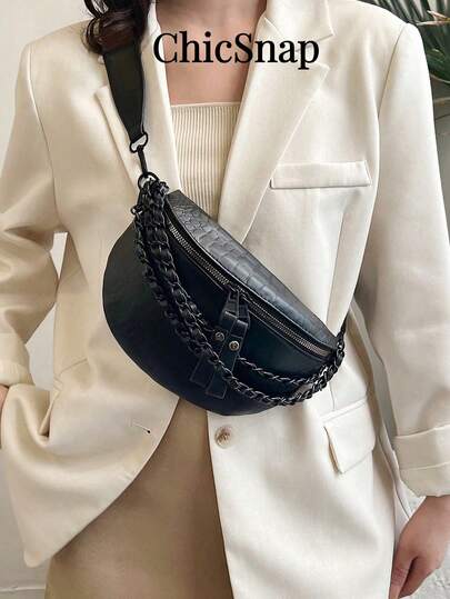 凸起實色鱷魚紋鏈條裝飾女士腰包,斜挎胸包,pu餃子女士包,時尚百搭