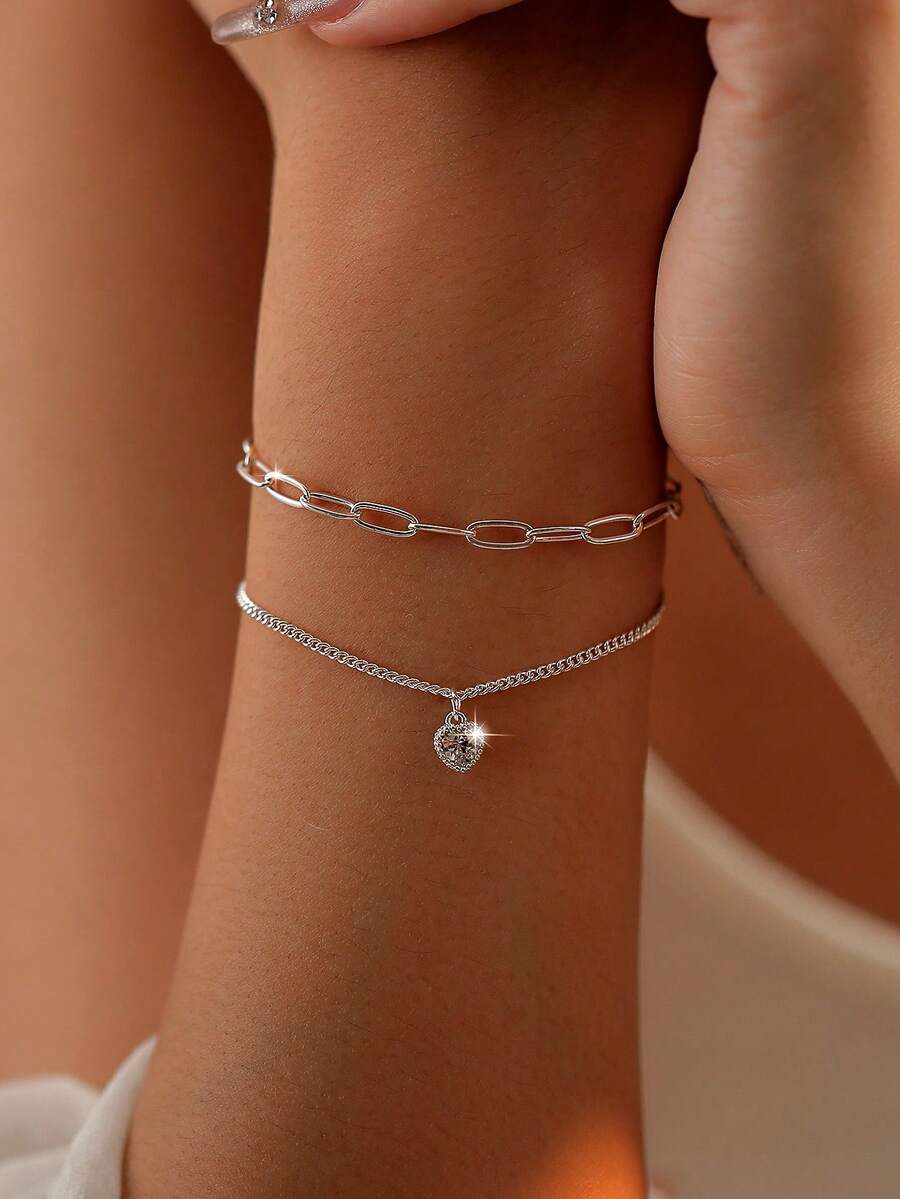 Nooxian 2pcs/Set Fashionable Silver Heart Chain Bracelet Set, Unique High-End Bracelet Gift (Chain, Clasp & Bead Quantity Random) - Silver - View 1