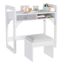 Juego de Escritorio y Silla de Estudio de Madera, con Cajones de Tela Espaciosos y Portalápices Integrado, Ideal para Estudio y Escritura Organizados - Blanco - Ver 6