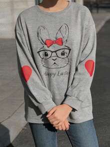 Oversized Graphic Sweatshirts For Women Easter Bunny Print Pullover Loose Fit Long Sleeve Tops For Spring Fall - 灰色 - 查看 3