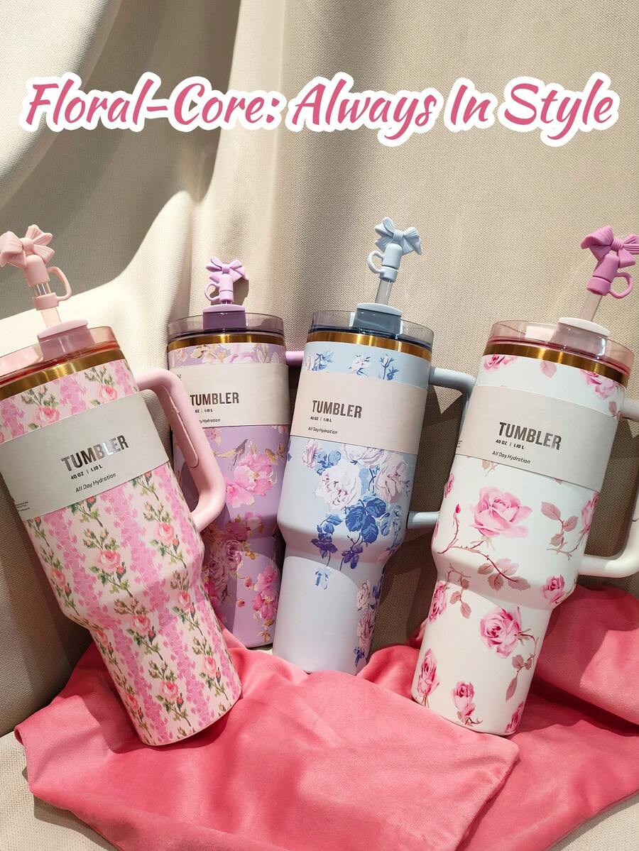 STANLEYo X LOVESHACKFANCYo 40oz / 1183ml Limited Edition Flowstates QUENCHERs H2.0 Tumbler With Straw. Floral-Core: Always In Style. Roses, Purple, Blue And White Flowers. Double-Wall Vacuum Insulation. Textured Comfort-Grip Handle. It's Very Suitable As A Gift. Can Be Used For Outdoor Sports, Heat Preservation Time Cold And Hot Water. Can Be Insulated, Exquisite Workmanship, Frozen Drinks, Beautiful Appearance. (Gift Box Packaging) - 40oz/1183ml - View 1