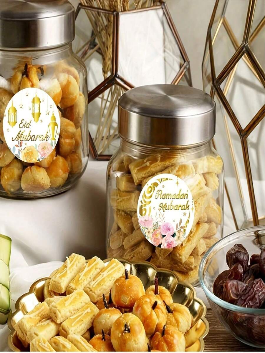 500pcs/Roll Colorful Floral Lantern Ramadan Doodle Roll Stickers, 1 Inch Round 6 Patterns, Eid Moon Festival Decals, Festival Party DIY Decor Muslim Labels Gift Box Gift Bag Party Supplies PVC Self-Adhesive Sealing Stickers