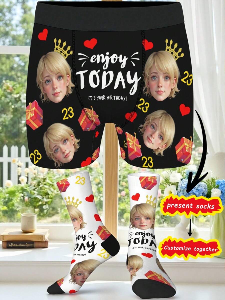 【DIY】定制内裤，赠送定制袜子，趣味表情替换内裤，舒适面料，送给朋友/伴侣/爱人的礼物，派对/生日礼物 - 黑色 - 查看 1