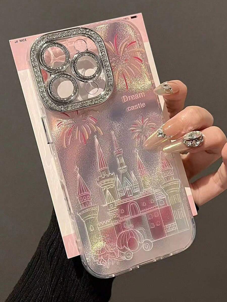 Funda de espejo para teléfono con estilo Ins de alta calidad, con castillo de fuegos artificiales rosas y carruaje con rhinestones, compatible con iPhone 16 Pro Max/ 15 Plus/ 14 Plus, con protección de lente de cobertura completa, compatible con iPhone 11/13 Pro/12 Pro Max, resistente al agua, a los golpes y a los arañazos - Rosa - Ver 1