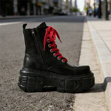 Unisex Platform Punk Ankle Boots Round Toe Graffiti Casual Sneakers Stylish Fashion Street Style Women's Boots - 黑色 - 查看 5