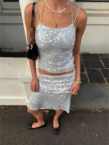 Y2K Bling Glitter Sequins Dress Set Fashion Sleeveless Crop Top With Bodycon Maxi Skirt Lady Party Oing Out Clubwear Street Summer - Xám - Xem 1