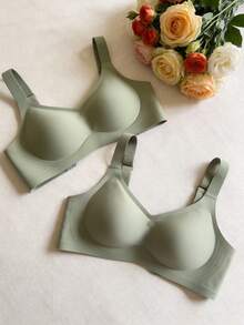 2pcs/Set Minimalist Comfortable Sports Bras For Women, Wireless, Solid Color - Green - View 2