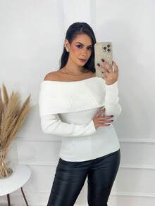 Women's Off-Shoulder Knit Sweater With Long Ribbed Sleeves, Modern Casual Style, Winter Fashion. - Off - View 3
