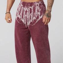 Men's American Retro Y2K Baggy Straight Leg Pants Mid-High Waist Gothic Letter Print Polyester Trousers Gothic Emo Wide Leg Streetwear - Màu Đỏ Sâu - Xem 6