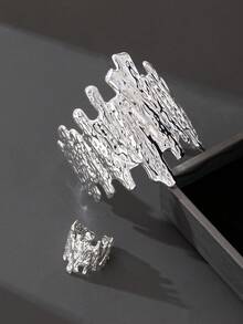 1 Set Women Silver Asymmetrical Geometric Bracelet & Ring Jewelry Set - Silver - View 2