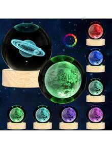 Estilo2Pcs Bola Cristal 3d,3D Luz Nocturna de Bola Lámpara de Sistema Solar y Saturno,Con Base De bola de cristal luz de noche,Decorar La Habitación,Navidad,regalos espaciales para niños.Versión mejorada - Multicolor - Ver 2