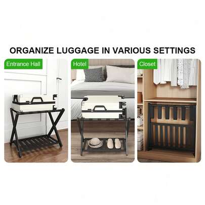 Luggage Rack Foldable Thickened Wood Suitcase Stand With Storage Shelf For Hotel Bedroom Guest Room Black