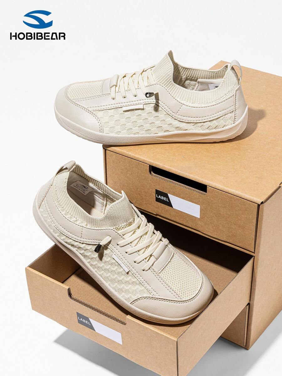 HOBIBEAR 男女通用套脚运动鞋，不对称印花，柔软橡胶鞋底，宽楦设计，舒适耐穿，高品质欧美步行鞋 - 米色 - 查看 1