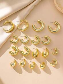 6/18 Peças Conjunto de Brincos Argola Sólidos Dourados Grossos e em Forma de Lágrima, Brincos Argola Grossos Hipoalergênicos para Mulheres, Ótimo Presente para Amigos e Família - Dourado - Visão 2