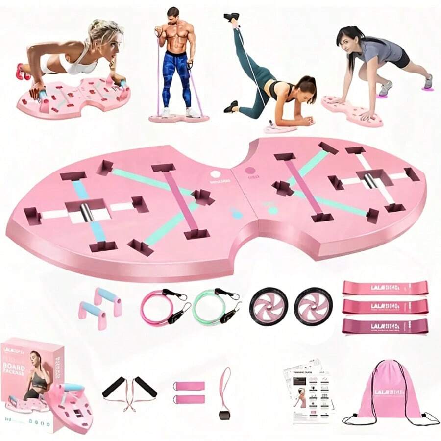 Unisex Portable Home Fitness System: Push-Up Board, Pilates Bar, And 20 Pieces Of Fitness Accessories With Resistance Bands And Ab Roller, Professional Strength Training Equipment - Pink - View 1