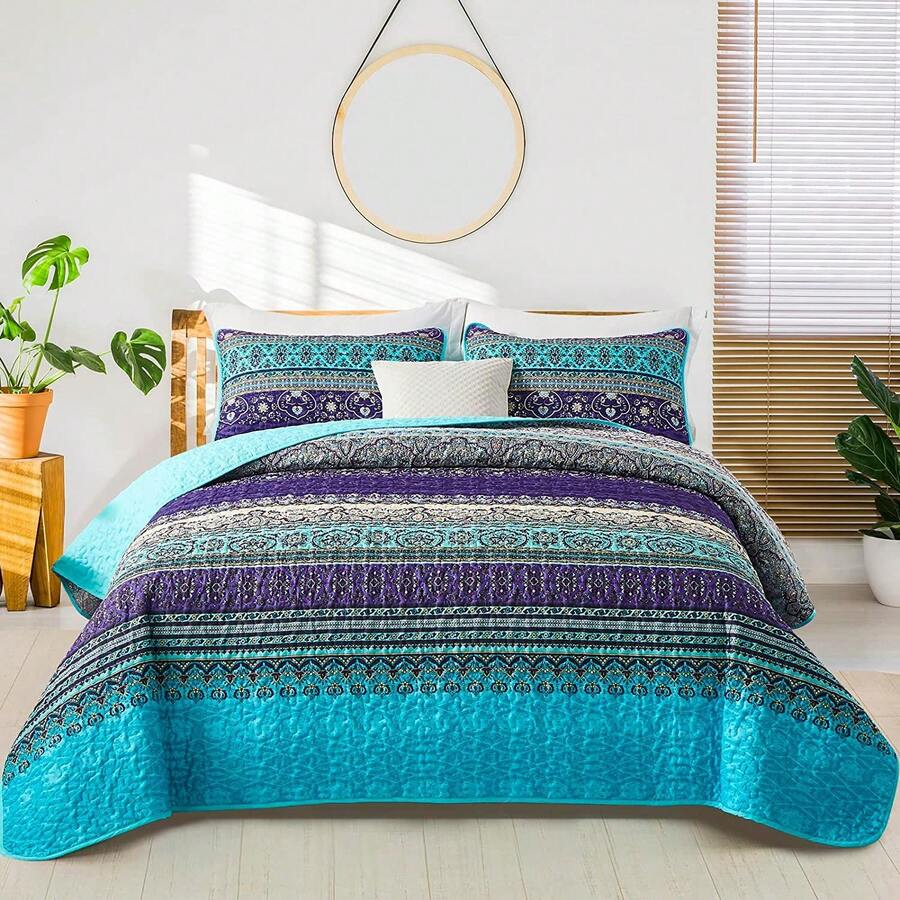 WONGS BEDDING Boho Quilt Twin Full Queen King Size, 3 Pieces Purple Blue Bohemian Light Weight Microfiber Bed Decor Bedspread for All Season - Azul púrpura - Ver 1