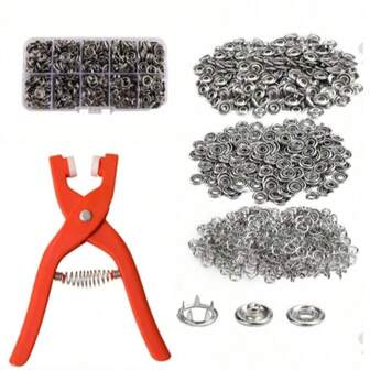 EDCUEBE7 52/202-delars verktygssats för tryckknappar, dekorativa spikar för kläder med nya fästtänger, förvaringslåda med 10 rutnät, lämplig för gör-det-själv-pyssel, kläder, skor, haklappar, hattar, paraplyer och sömnad, tryckknappssats för tyger (slumpmässig knappfärg)