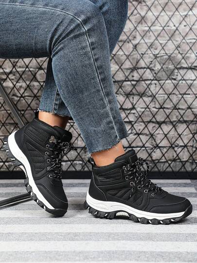 1 Pair Of Women's Retro Mid-Top Casual Sneakers - Hiking Shoes, Fabric Lining, TPR Sole, EVA Insole, Round Toe With Laces, Black Hiking And Outdoor Shoes, Suitable For Spring, Autumn, And Winter